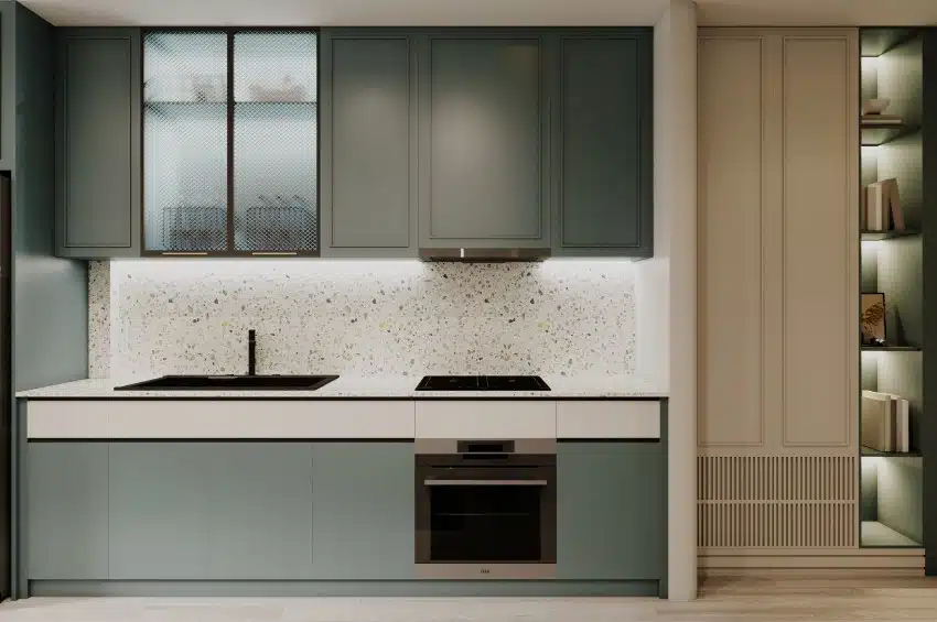 Modern minimalist kitchen with gray and white kitchen fronts and terrazzo countertop and backsplash