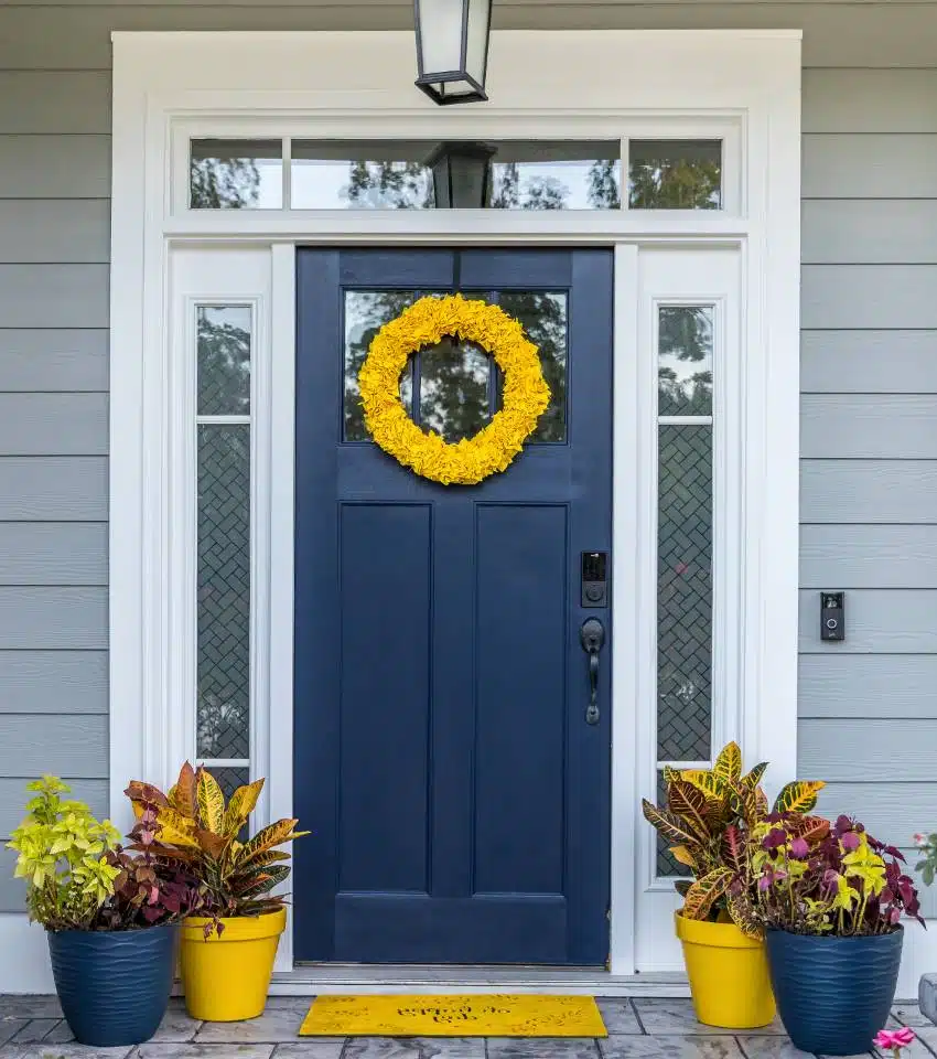 Newly painted navy blue front door of new construction gray home with a vibrant bright and colorful wreath and flower pots and a yellow welcome mat