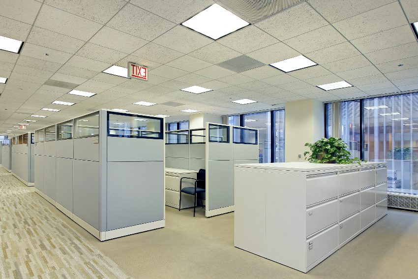 Office area with cubicles and filing cabinet