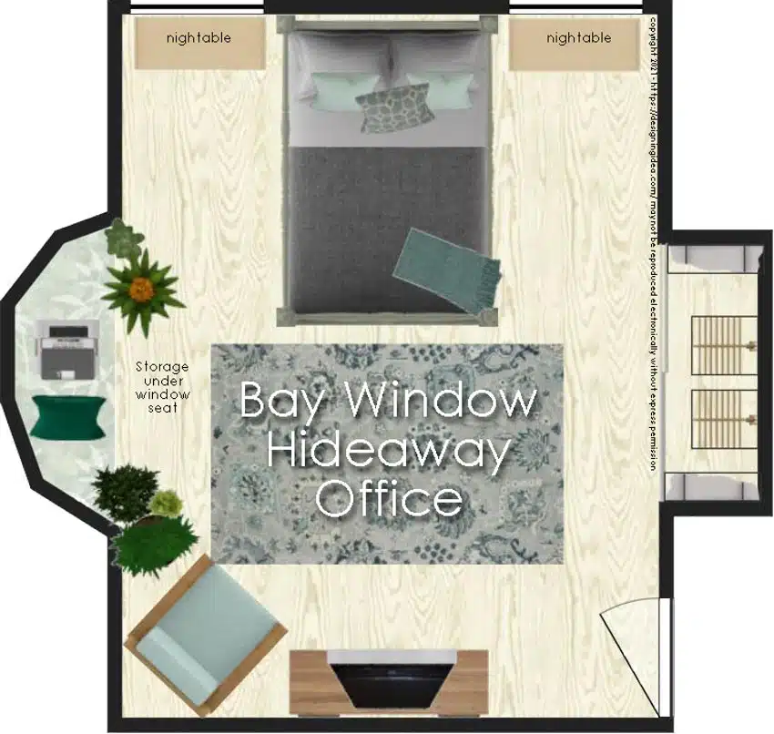 Office bedroom combo with bay window hideaway layout
