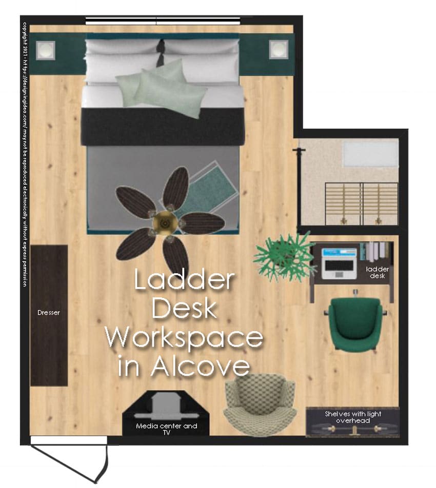 Sleep-work area combo with a ladder desk workspace layout design