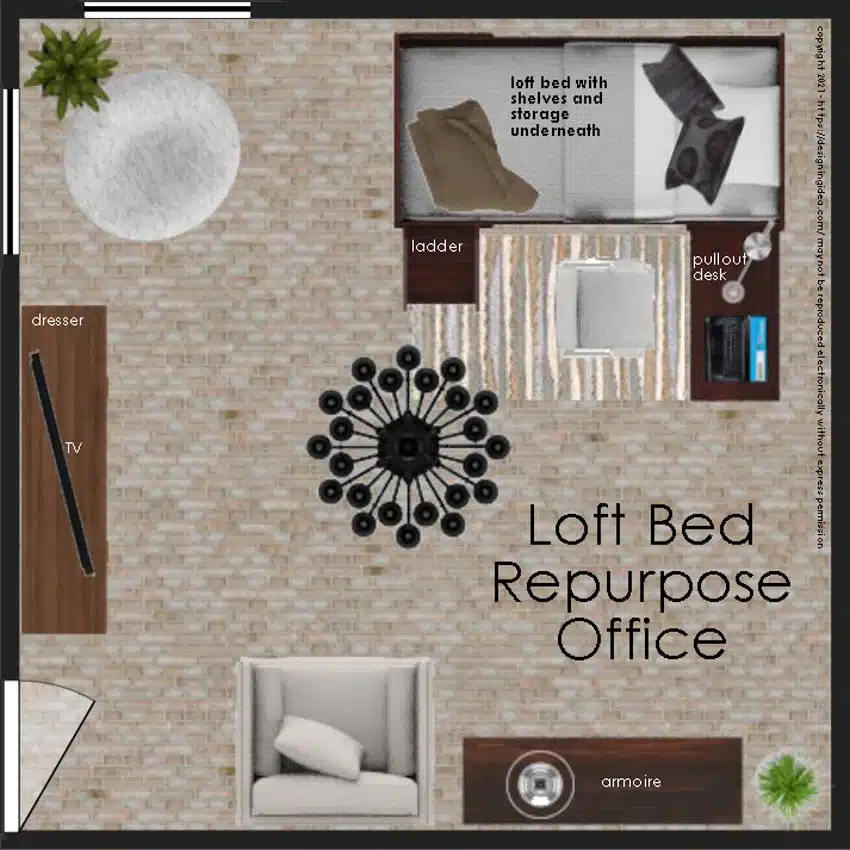 Office bedroom with a loft bed repurpose layout design