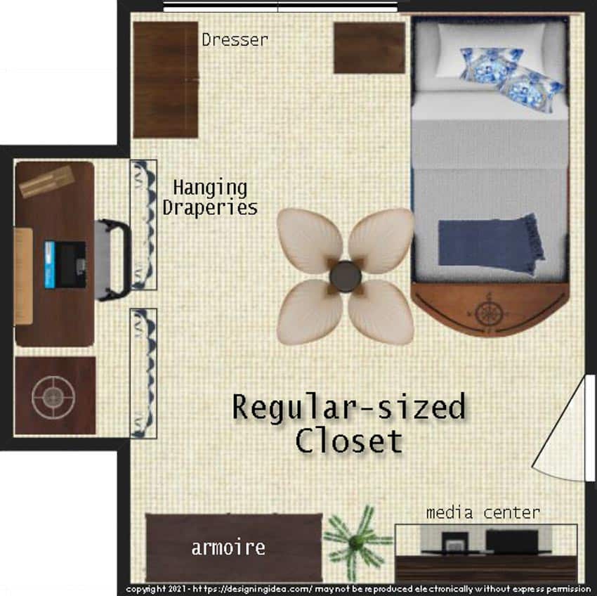 Regular sized closet layout for a bedroom workspace design