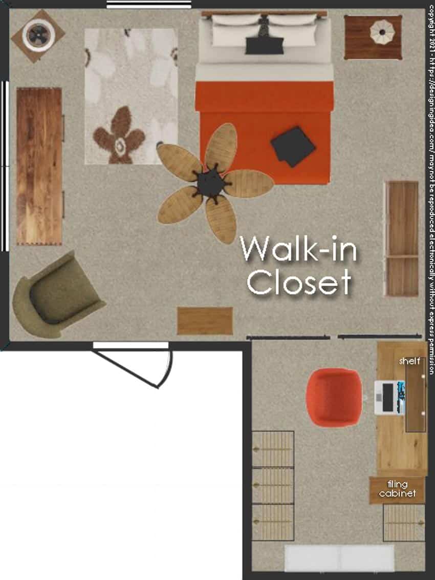 Bed-desk combo with a walk-in closet layout