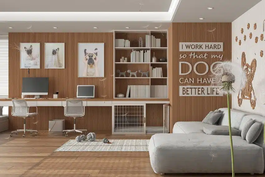 Pet friendly office featuring floating desk with dog bed and gate, sofa, and shelves