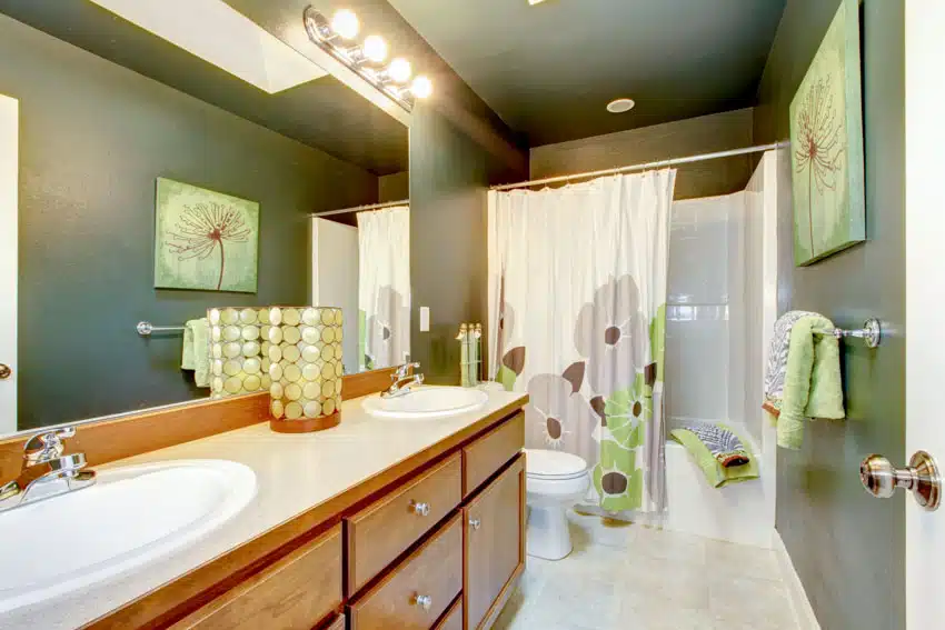 Sage green bathroom with countertop, sinks, vanity mirror, wood drawer, towel holder, toilet, and shower curtain