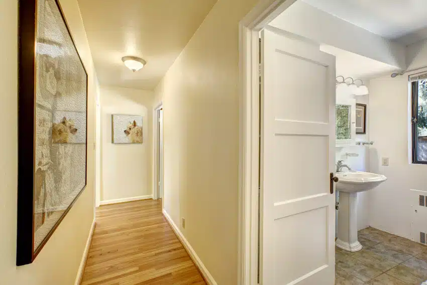 Small hallway with flush mount ceiling light, wood floors, and bathroom space