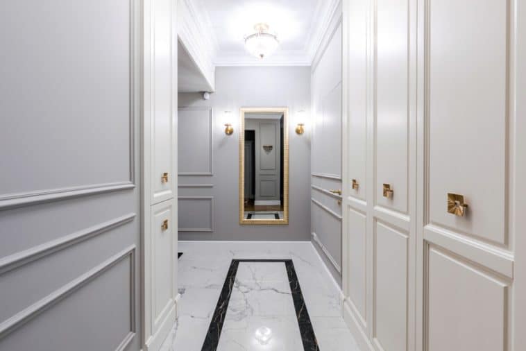 12 Small Hallway Light Fixtures For Your Design Types Uses   Small Hallway With Semi Flush Mount Ceiling Light Mirror Marble Floor And Paneled Walls Is 758x506 