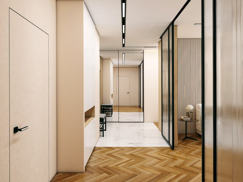 Small hallway with wood herringbone floors, obscured glass divider, and LED strip lighting fixtures