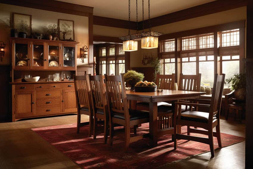 Craftsman dining room with Stickley chairs, table, glass cabinets, windows, rug, and pendant lights