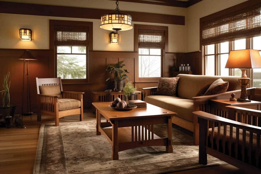 Craftsman living room with Stickley chairs, coffee table, sofa, rug, pendant light, lamps, and windows