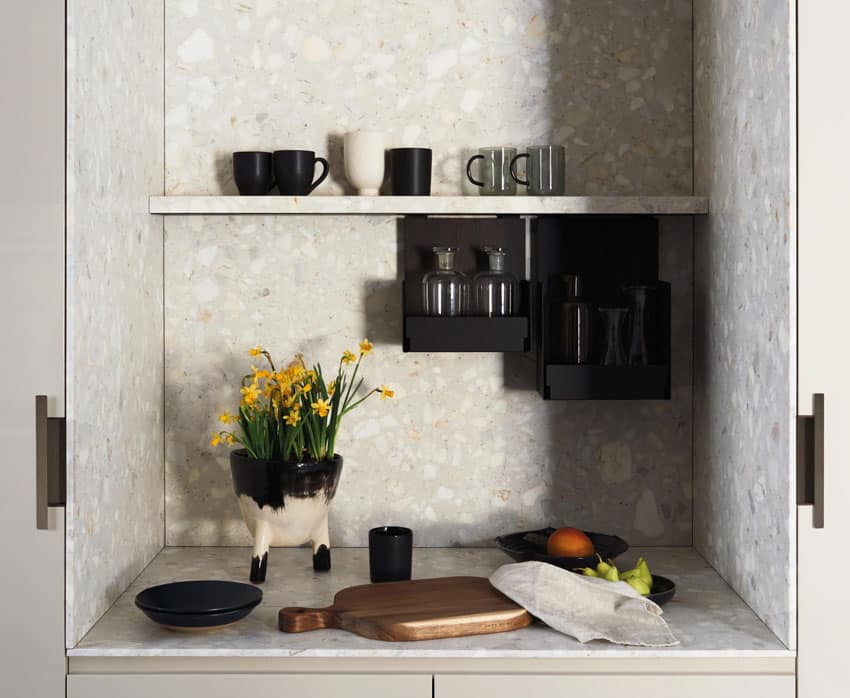 Stone looking wallpaper inside cabinet for kitchens