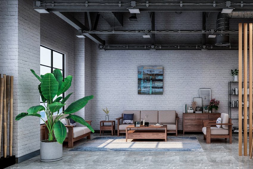 Stylish industrial living room with exposed piping, windows, polished concrete floors, and wood furniture
