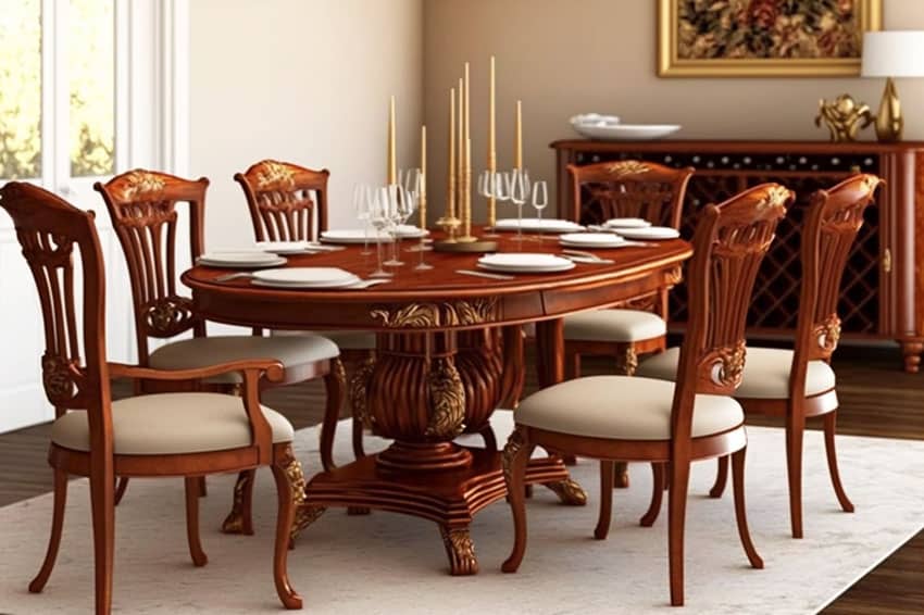 Traditional rosewood round dining set, candelabra and plate