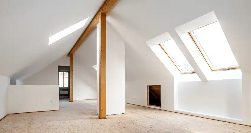 Unfinished attic with lots of natural light, windows, and wood floors