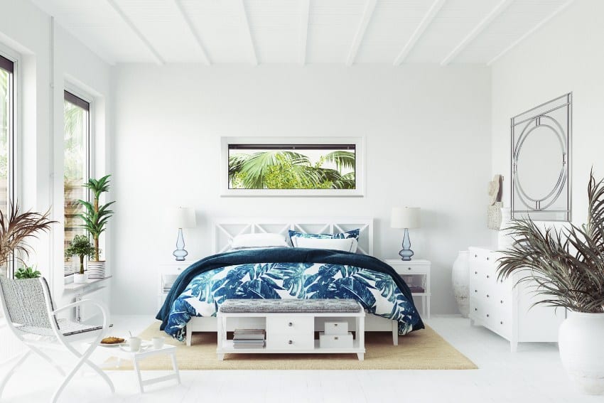 White bedroom interior with cape cod style bedroom furniture