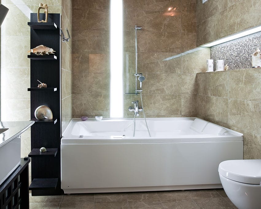 Elegant bathroom with large tub Jacuzzi floating shelves