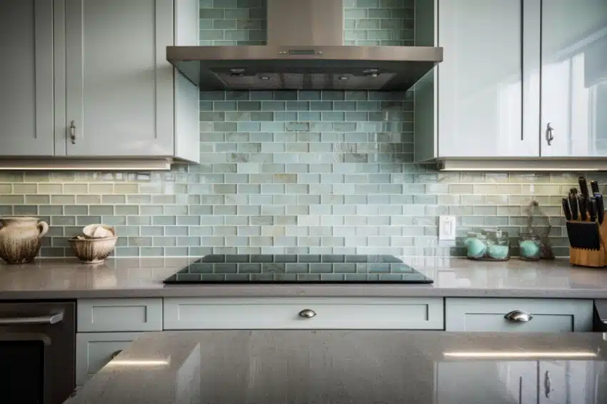 Kitchen backsplash with seaglass mosaic tile