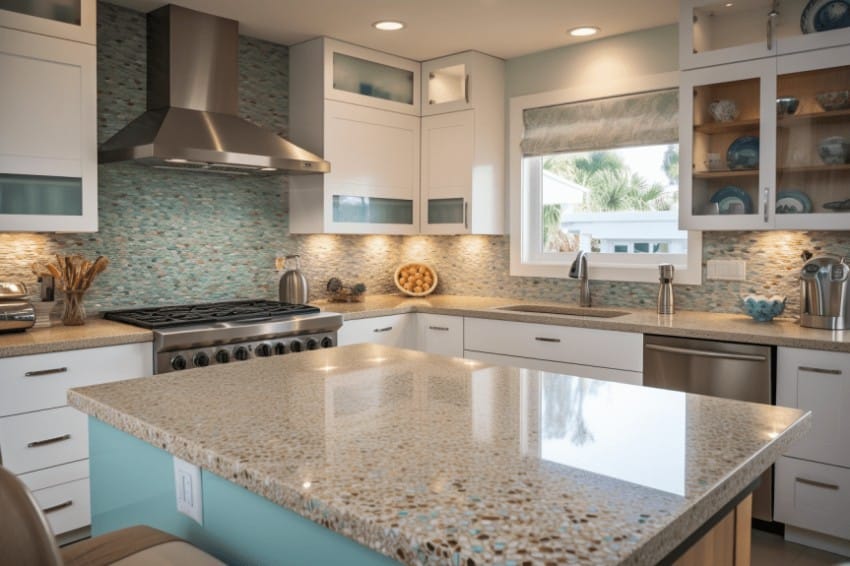 Kitchen with pebble tile backsplash