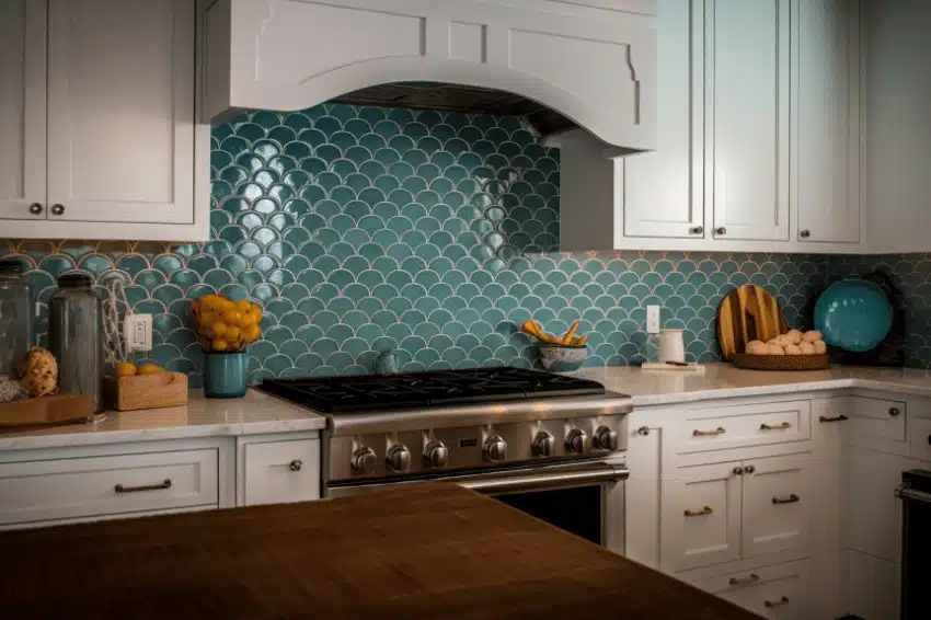 Modern coastal style kitchen with scalloped tile backsplash