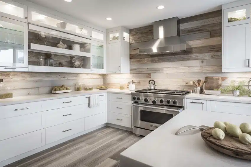 Kitchen with glass cabinets, countertop, range hood, stove, oven, and reclaimed wood backsplash