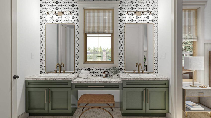 Bathroom with hexagon tile backsplash, green cabinets, and granite backsplash