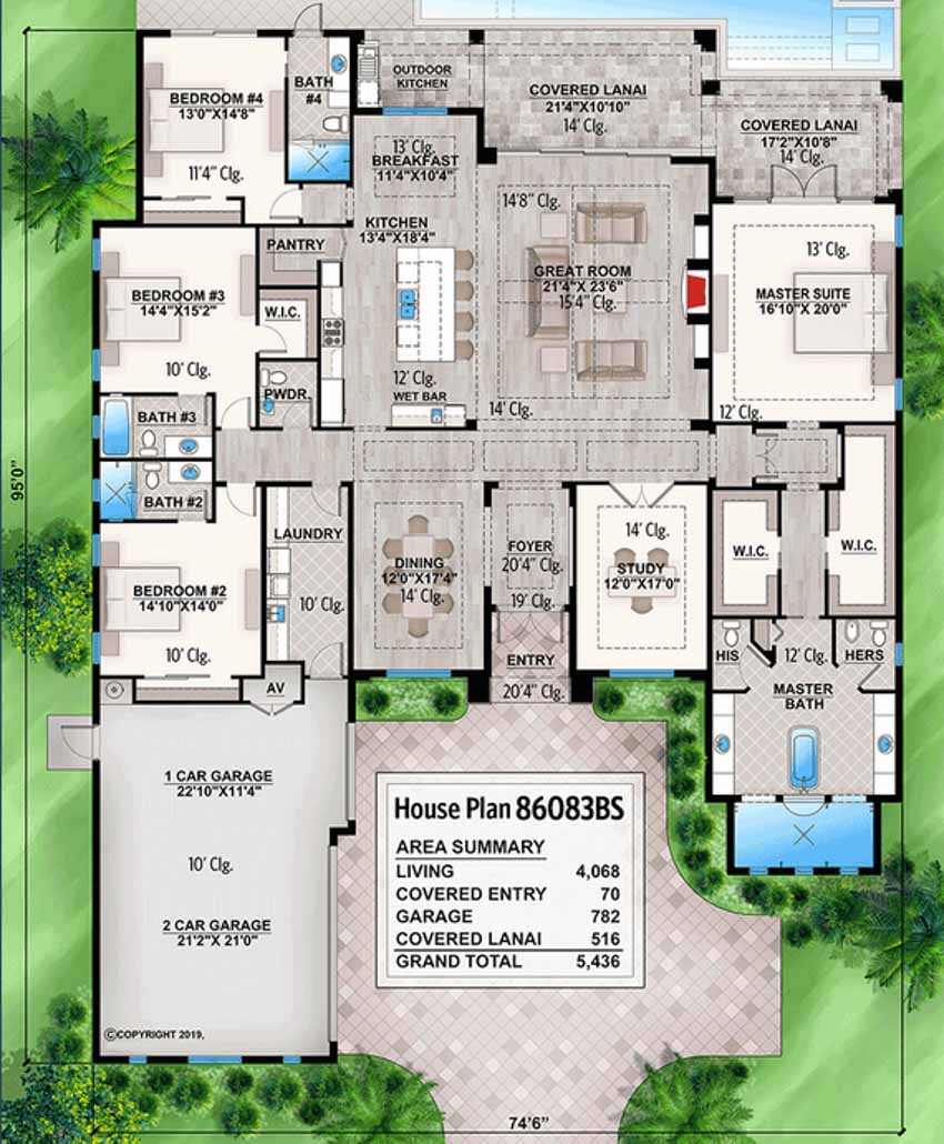 Beach house floor plan with details about the garage, bedrooms, living room, kitchen, and dining room