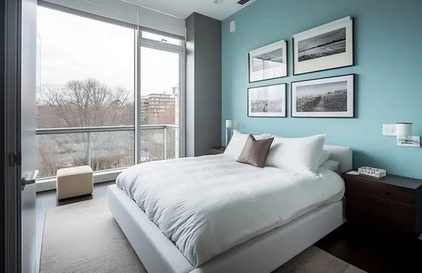 Bedroom with pale blue accent wall, bedding, pillows, window, nightstand, and ottoman
