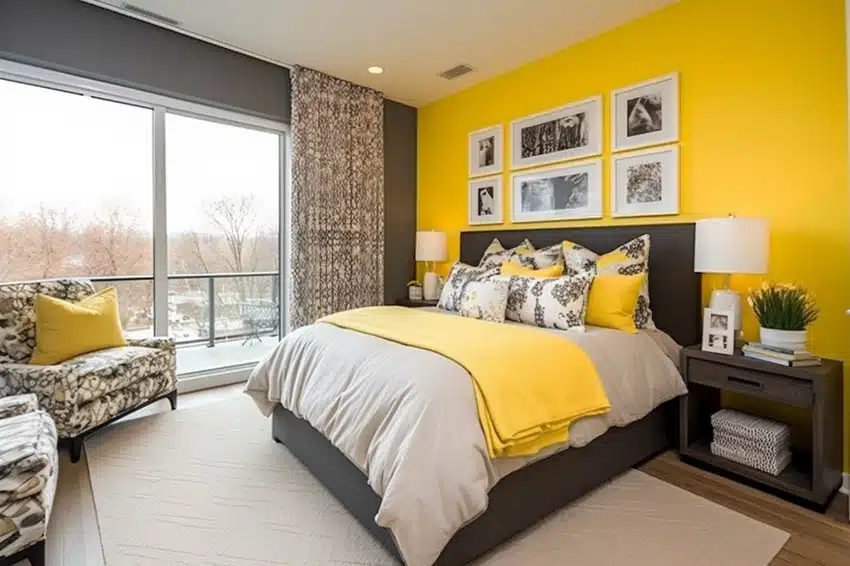 Bedroom with yellow accent wall, bedding, pillows, lamps, armchair, and window curtains