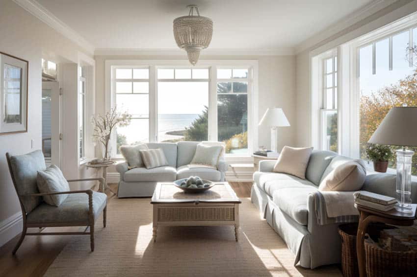 Cape cod style living room with soft furniture, window views of the ocean