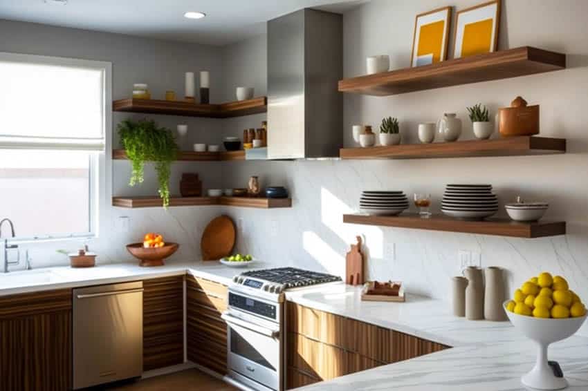 Contemporary kitchen with floating shelves, range hood, countertop, oven, stove, and windows