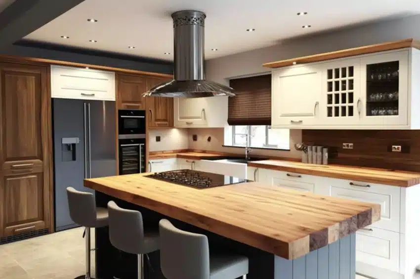Farmhouse kitchen with wood block island countertop