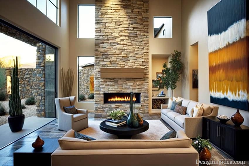 Contemporary living room with ledger stone fireplace