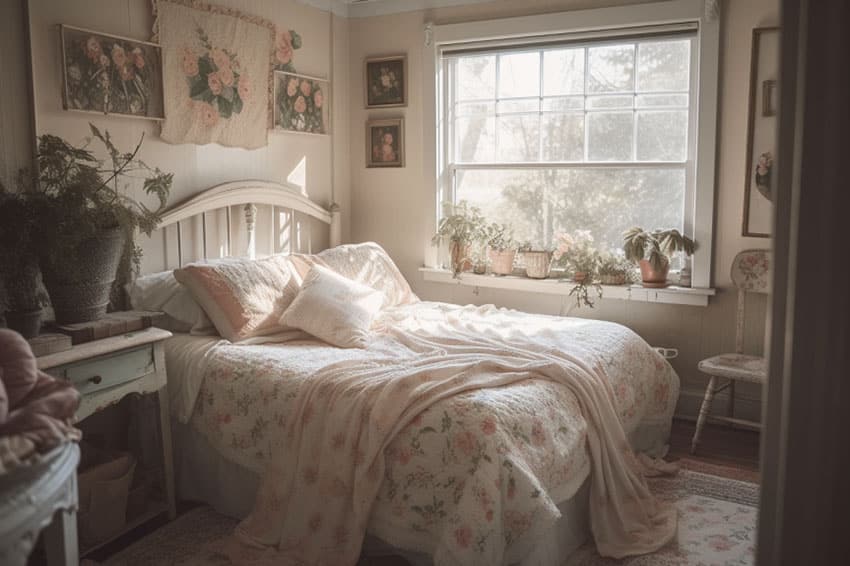 Bedroom with floral beddings and design