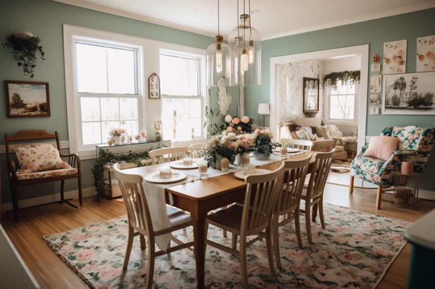 Cottagecore dining room with pastel blue walls