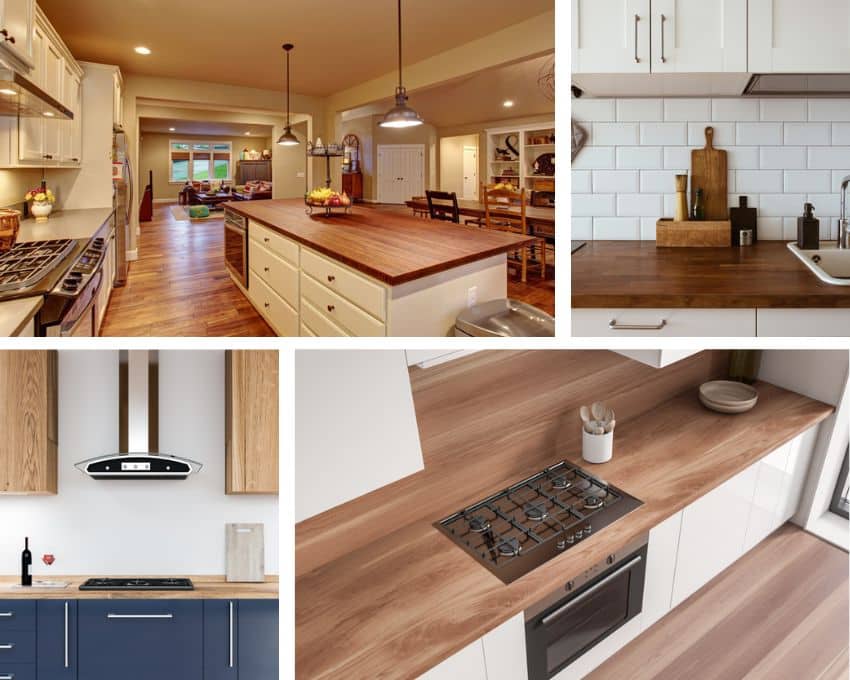 Different types of countertops made of teak wood for kitchens