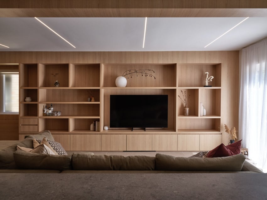 Harty house interior living room with television, wood shelves, cabinets, and window