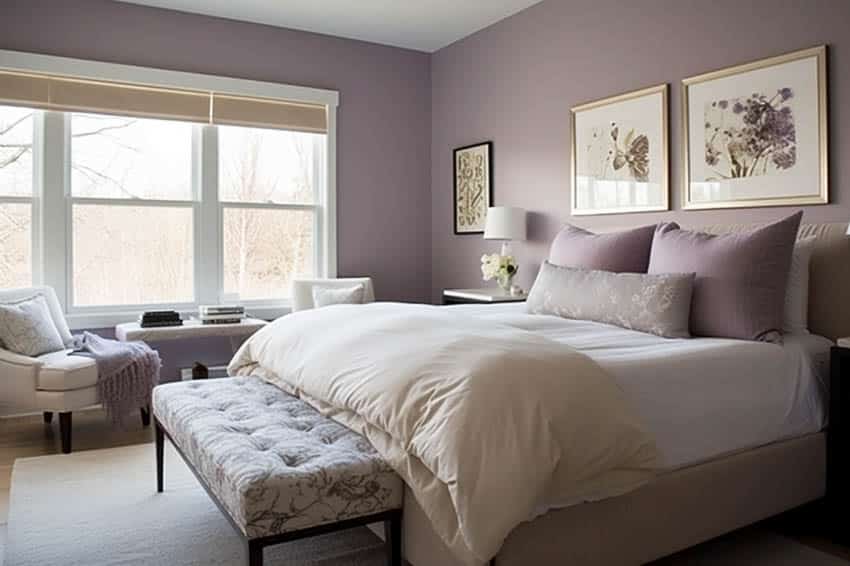 Modern bedroom space with Benjamin Moore lavender mist paint, bedding, pillows, nightstand, and chair