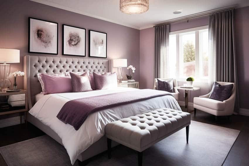 Modern bedroom space with light purple walls, gray curtains, and white decor