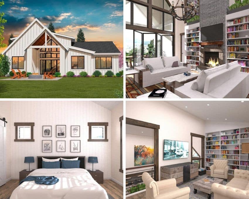 Modern farmhouse design with exterior features, living room, bedroom, and family room