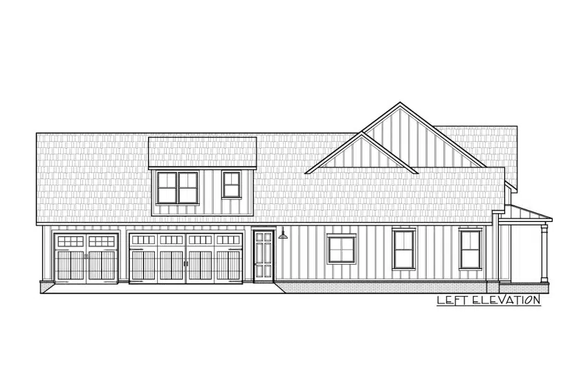 Modern farmhouse exterior layout with dormer, pitched roof, porch, and 3 car garage