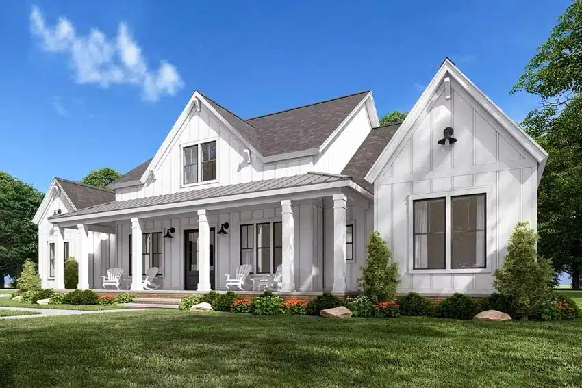Modern farmhouse exterior with dormer, board and batten siding, porch, and windows