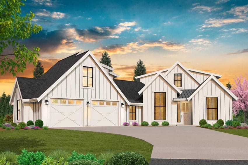 Modern farmhouse exterior with driveway, two car garage, vertical shiplap siding, windows, and pitched roof