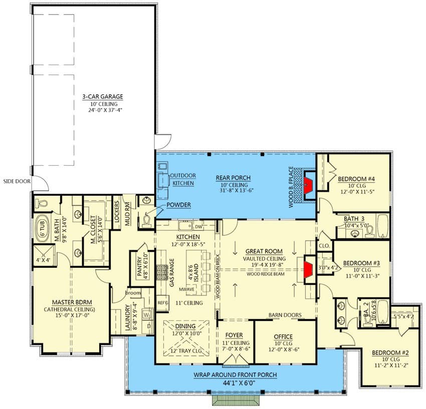 Modern farmhouse interior floor plan with living room, kitchen, garage, and bathrooms