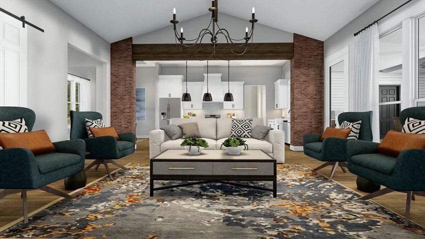 Modern farmhouse living room with cushioned armchairs, carpet, and coffee table