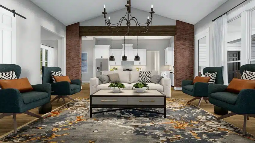 Modern farmhouse living room with cushioned armchairs, carpet, and coffee table
