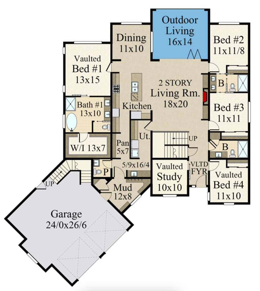Modern farmhouse plan with studio apartment main floor