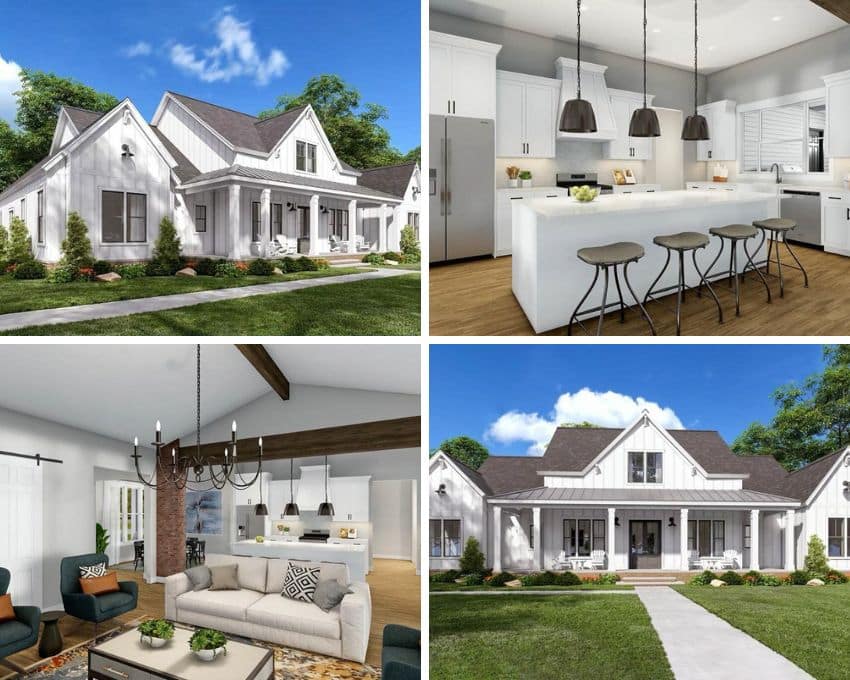 Modern farmhouse with exterior features, open floor plan, kitchen, and living room