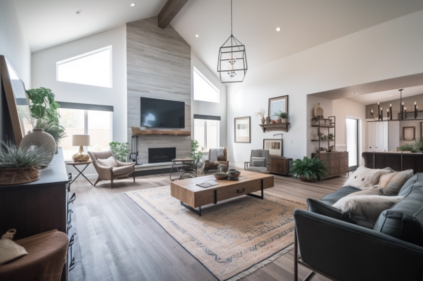 Living room with coffee table, rug, fireplace, pendant light, armchair, sofa, windows, and wood flooring