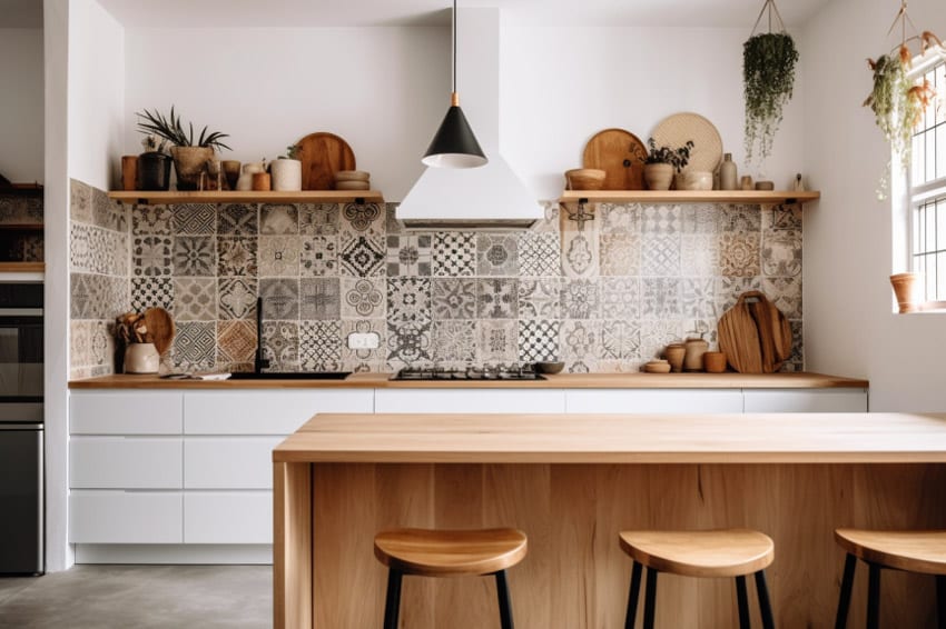 Scandinavian kitchen with wood countertop, patterned cement backsplash, bar stools, and window